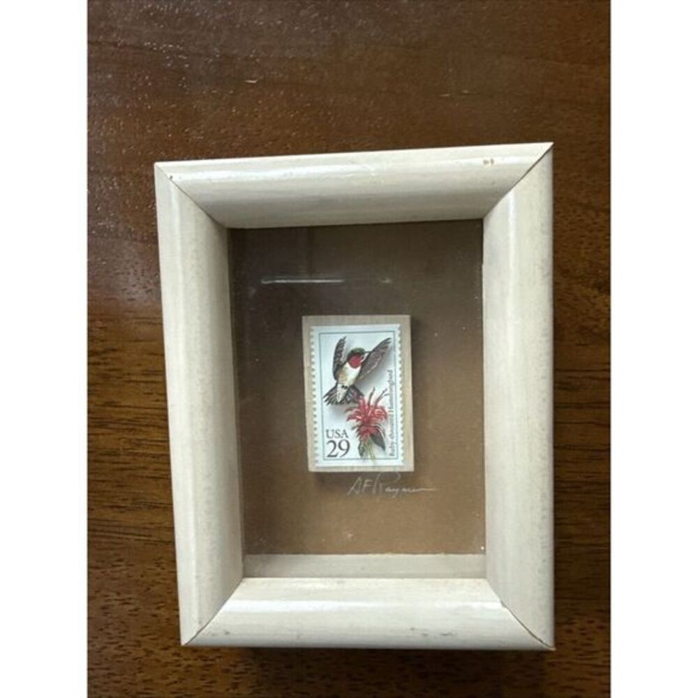 POSTAGE STAMP ART Andrew F. Raymer Framed 3D Stamp 1992 Hummingbird Signed